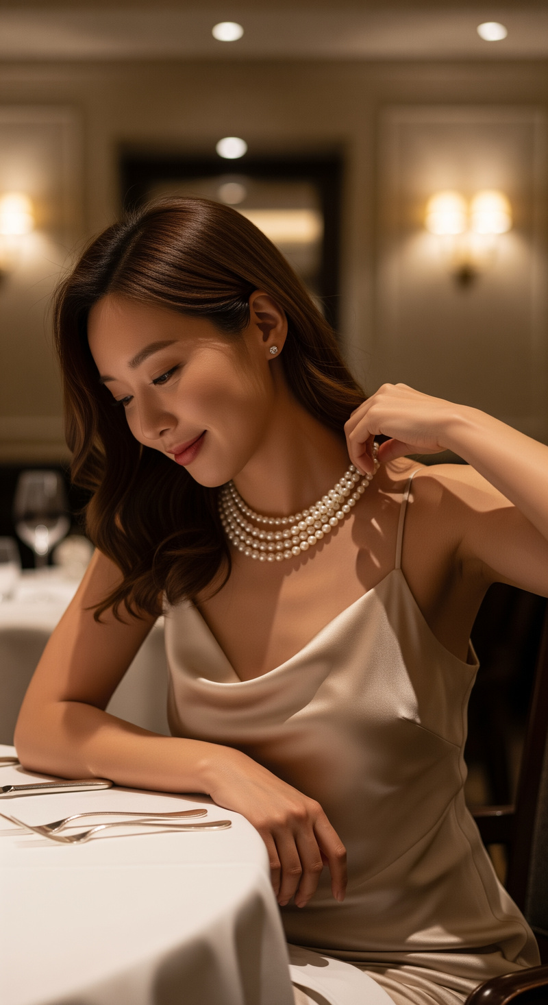 Elegant Korean Woman in Silk Dress at Fine Dining Elegant Korean Woman in Silk Dress at Fine Dining