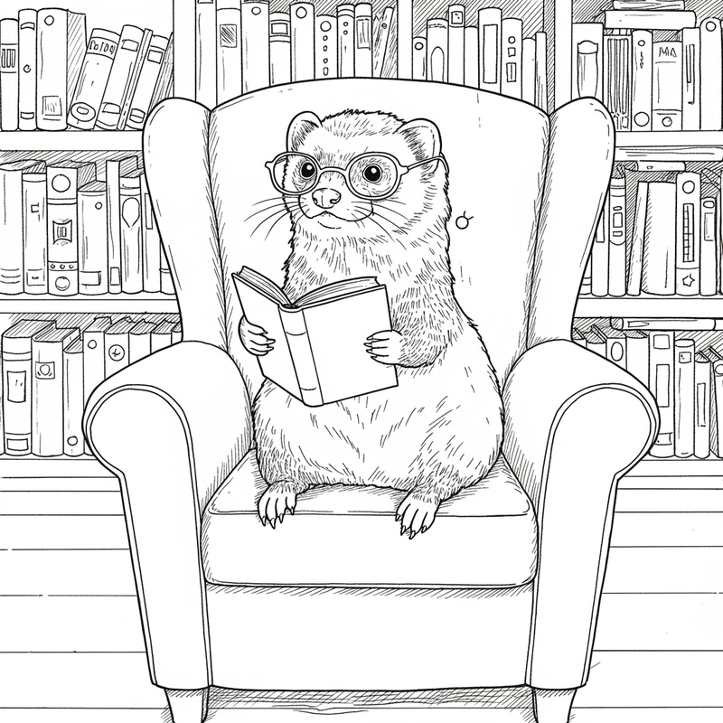 Ferret Reading in a Library - Coloring Page Art Ferret Reading in a Library - Coloring Page Art