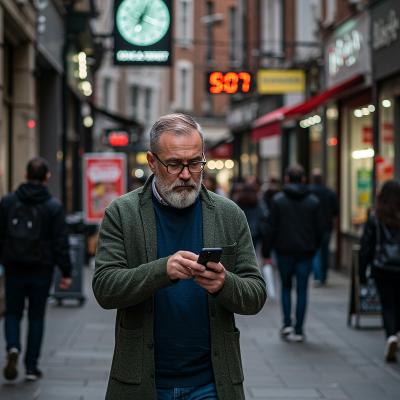 Man Doubts While Walking in Busy Street