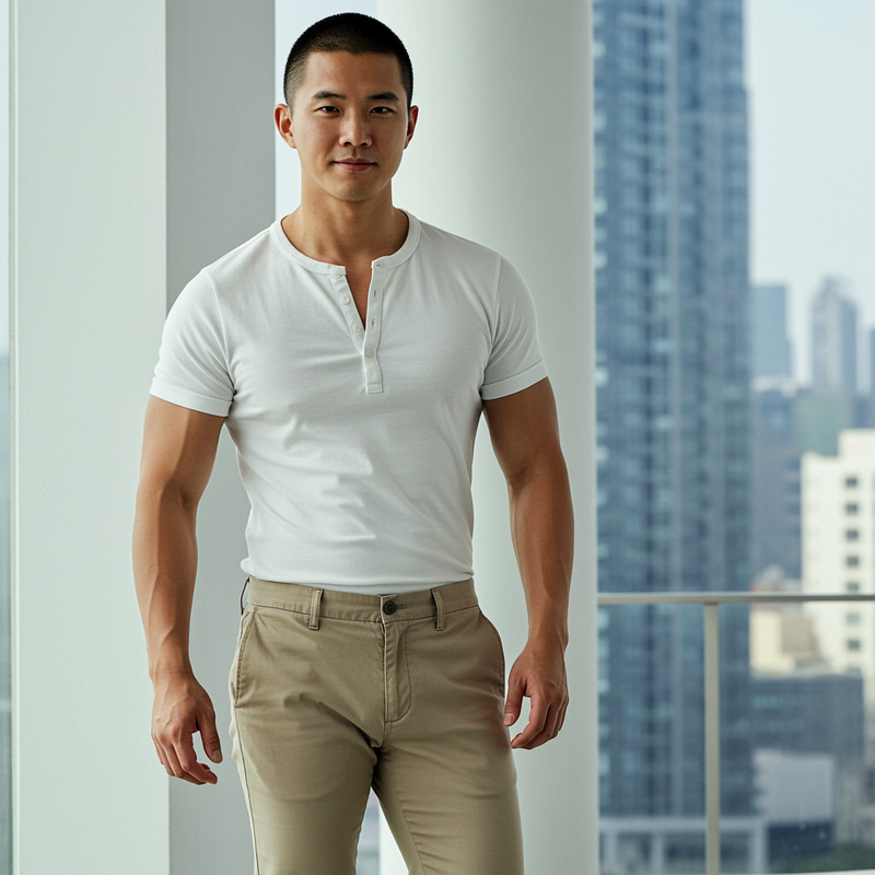 Stylish Asian Man in Tapered Chinos and Henley Stylish Asian Man in Tapered Chinos and Henley