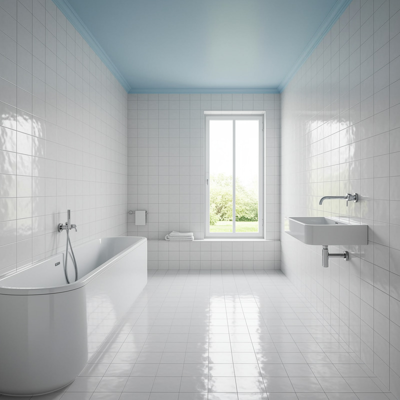 Stylish Bathroom with White Tiles and Blue Ceiling Stylish Bathroom with White Tiles and Blue Ceiling