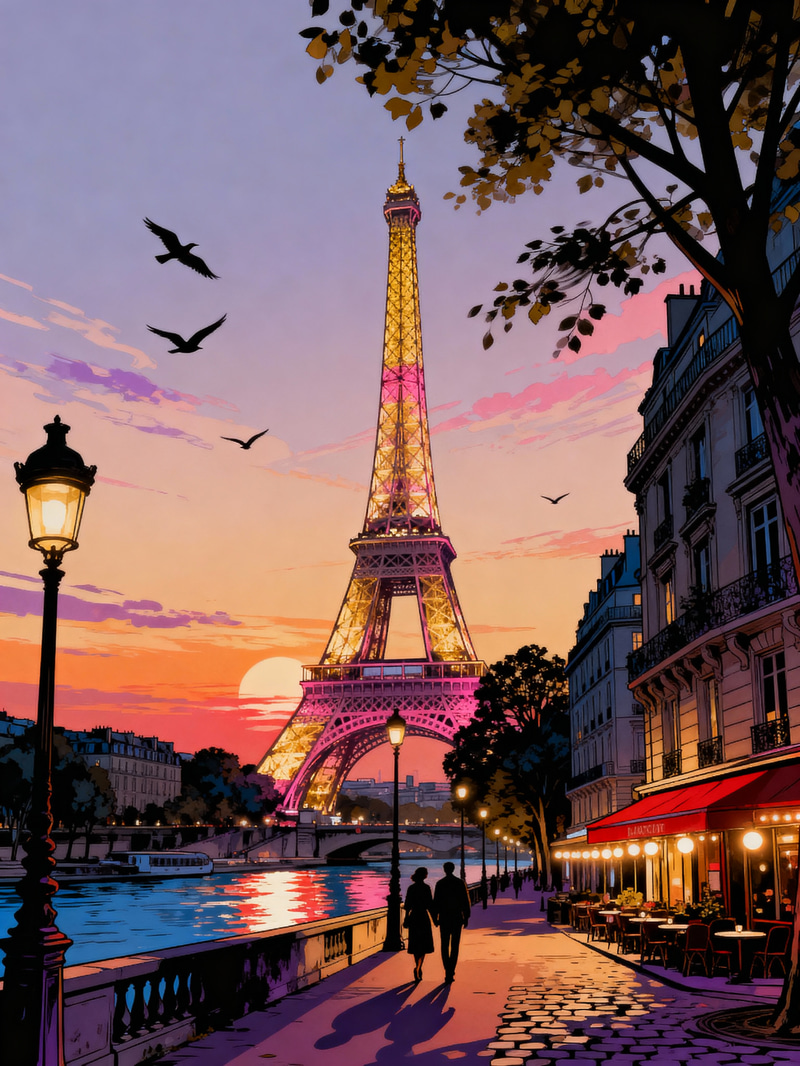 Eiffel Tower Sunset: A Captivating Graphic Novel Scene