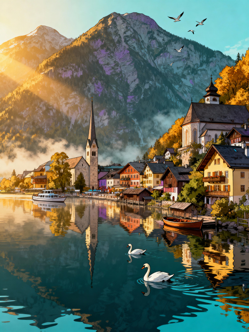 Stunning Hallstatt Sunrise: A Graphic Novel Scene
