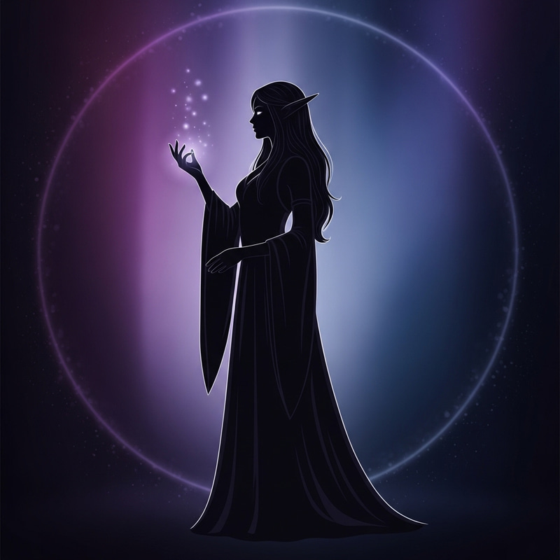 Silhouette of a Female Elf Mage in a Dress