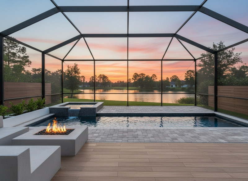 Stunning Narrow Lap Pool Design with Spa & Fire Pit Stunning Narrow Lap Pool Design with Spa & Fire Pit