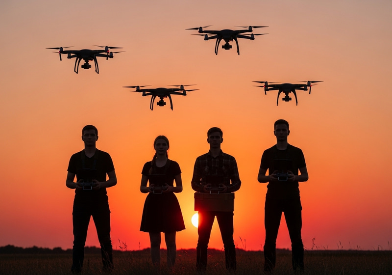 Youth in Conflict: Drones Over a Dusk Landscape