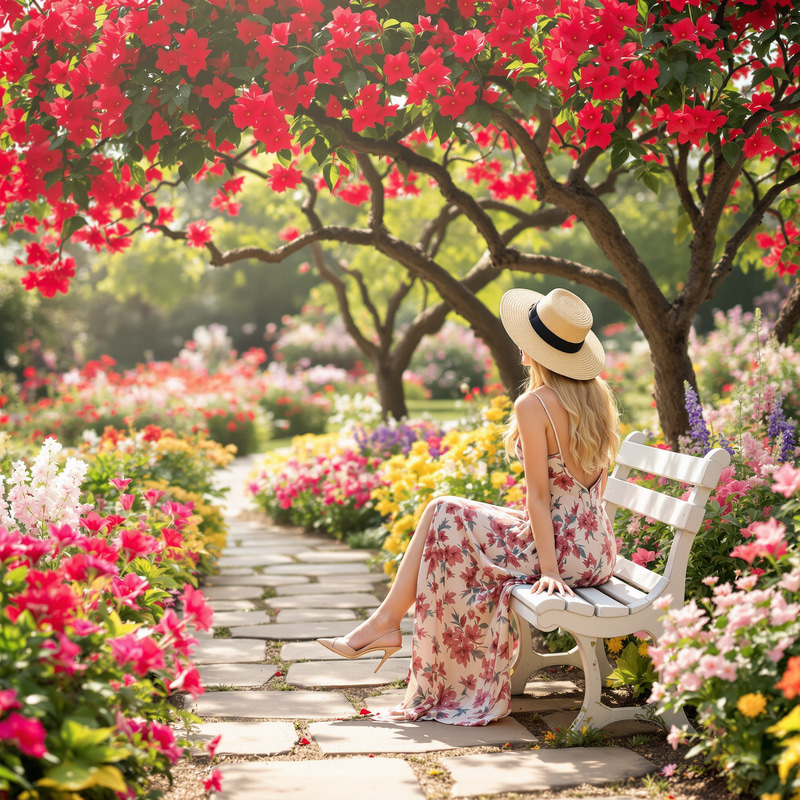 Charming Spring Flower Garden with Plumeria Tree Charming Spring Flower Garden with Plumeria Tree