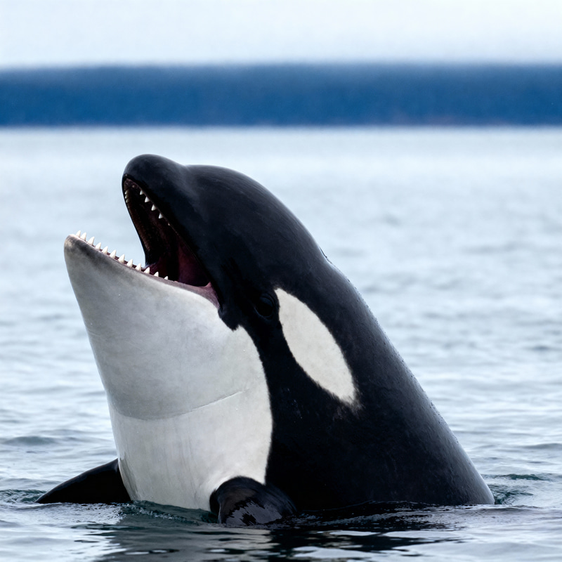 Female Orca Opens Mouth at Sea - Captivating View Female Orca Opens Mouth at Sea - Captivating View