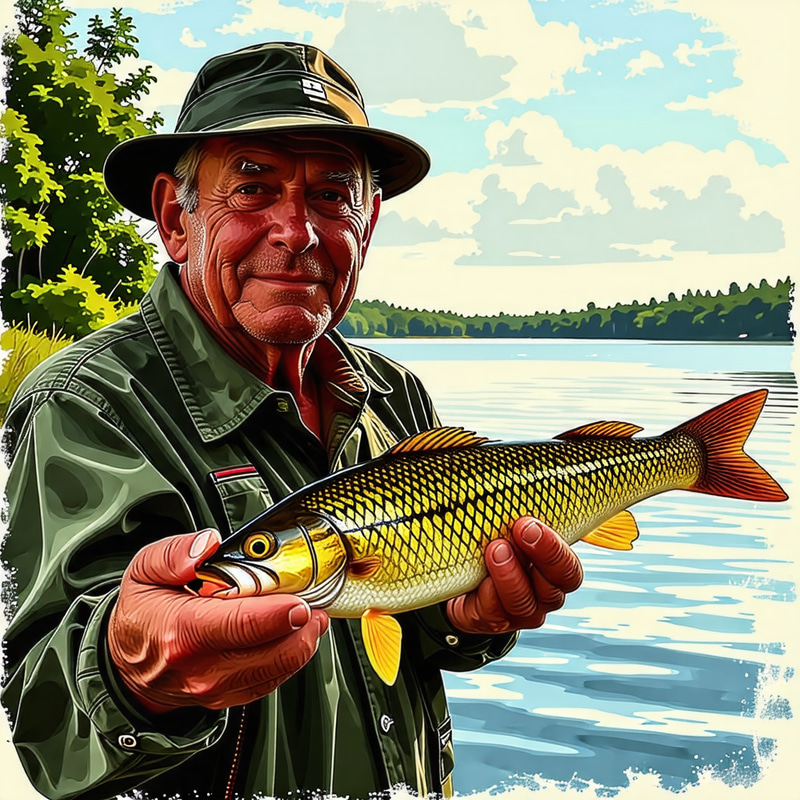 Photorealistic Picture of Proud Old Fisherman Holding Fish Photorealistic Picture of Proud Old Fisherman Holding Fish