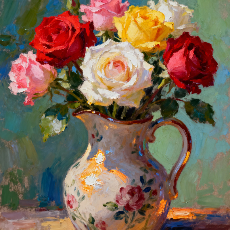 Stunning Oil Painting of a Vase with Colorful Roses Stunning Oil Painting of a Vase with Colorful Roses