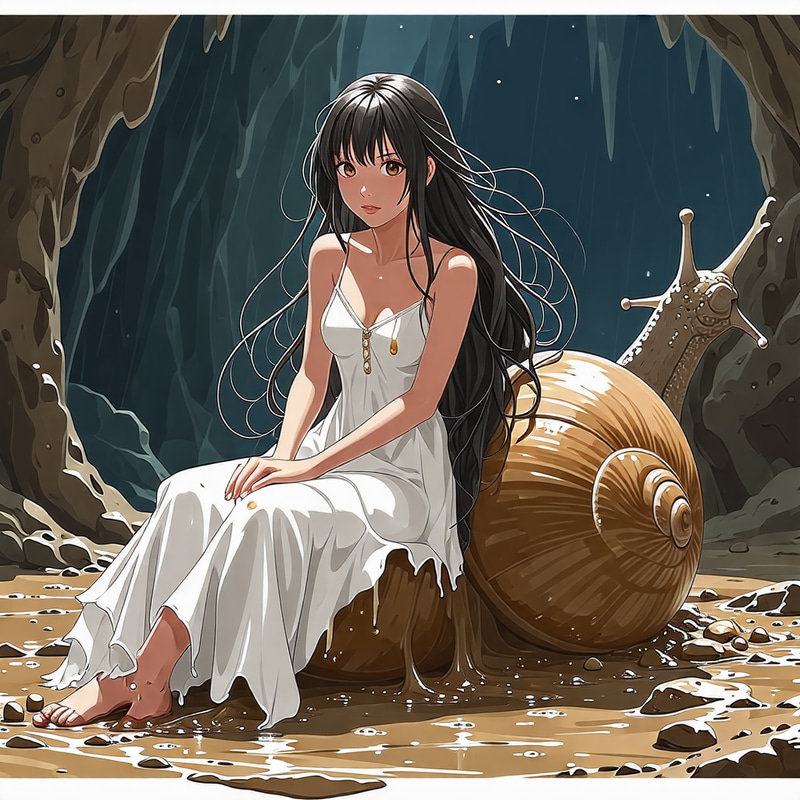 Asian Girl in White Dress on Snail Shell in Anime Mud Cave Asian Girl in White Dress on Snail Shell in Anime Mud Cave