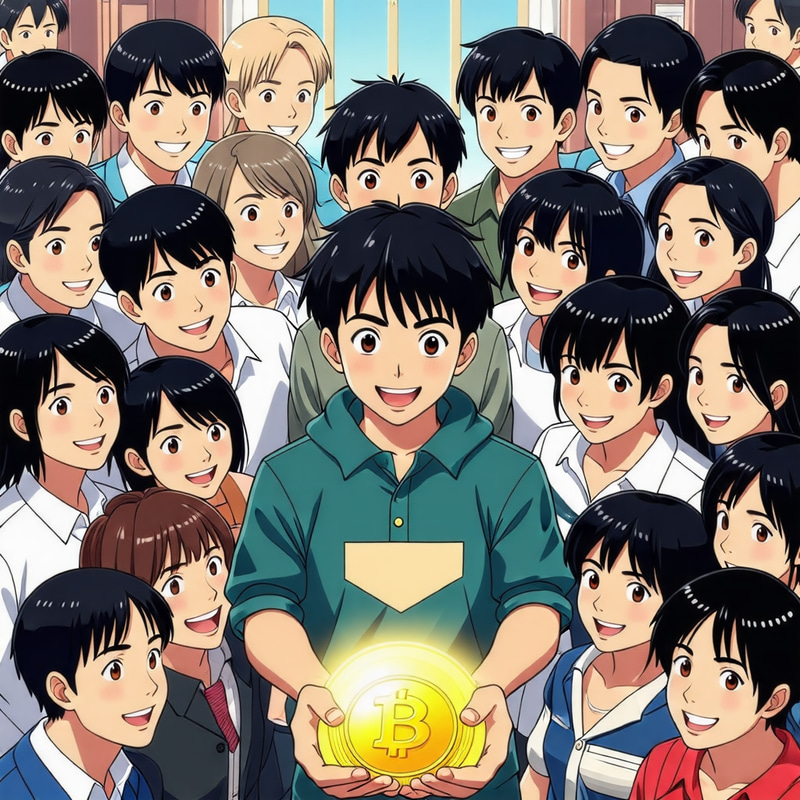 Asian People Surrounded Boy Holding Anime Gold Coin Asian People Surrounded Boy Holding Anime Gold Coin