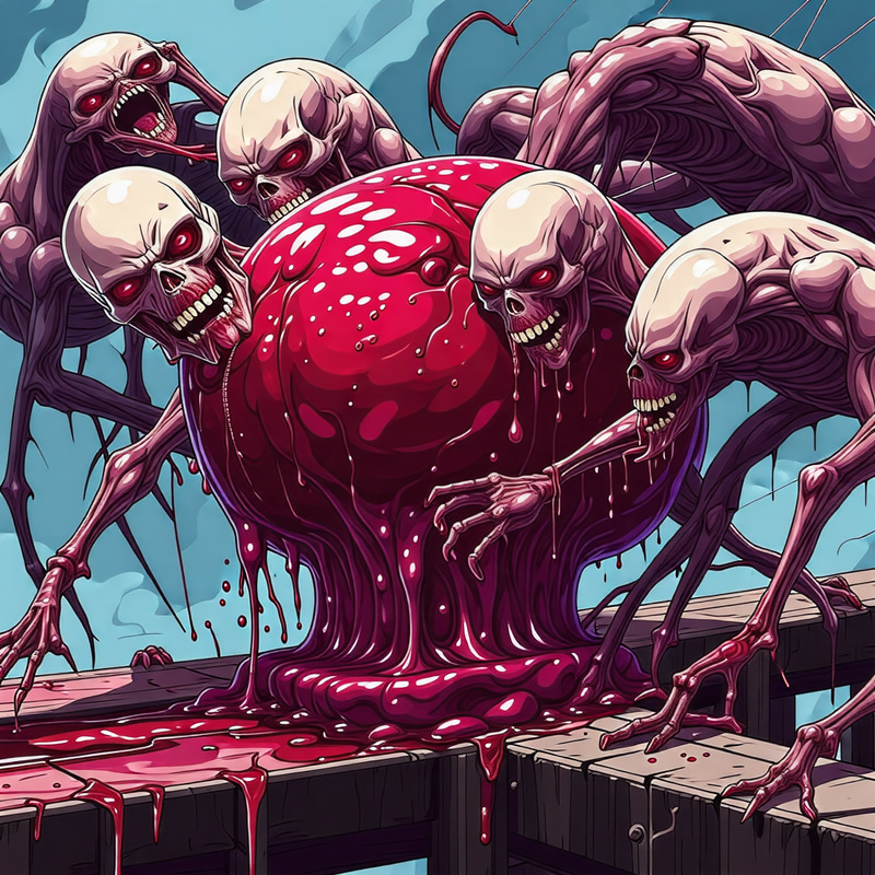 Skinned Monster Climbing Meat Bridge - Anime Corrosion Scene Skinned Monster Climbing Meat Bridge - Anime Corrosion Scene