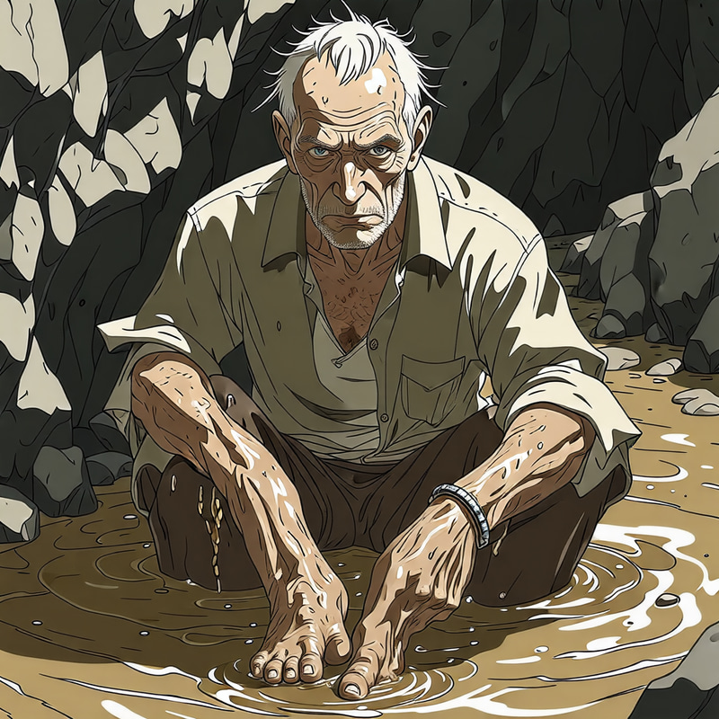 Old Man in an Anime Cave Covered in Muddy Water Old Man in an Anime Cave Covered in Muddy Water