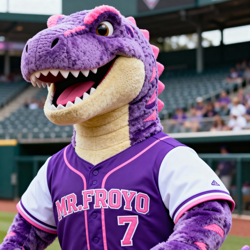 Smiling T-Rex Mascot in Purple Baseball Jersey