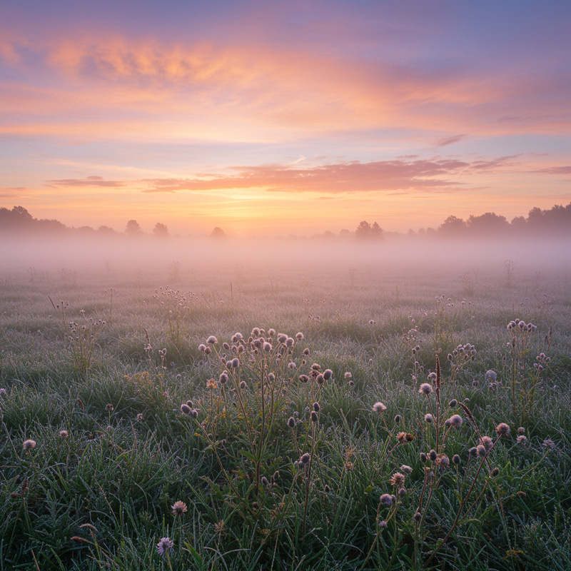 Tranquil Meadow at Dawn with Blooming Flowers Tranquil Meadow at Dawn with Blooming Flowers