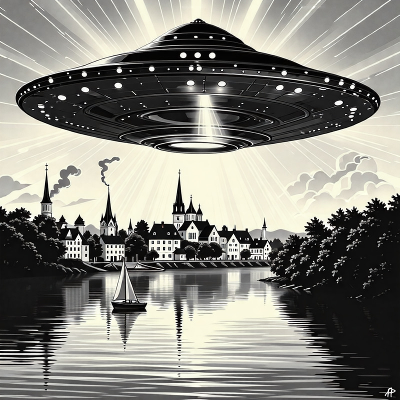 Captivating UFO Scene Over Picturesque Town - Ethereal Neoprimitivism Captivating UFO Scene Over Picturesque Town - Ethereal Neoprimitivism