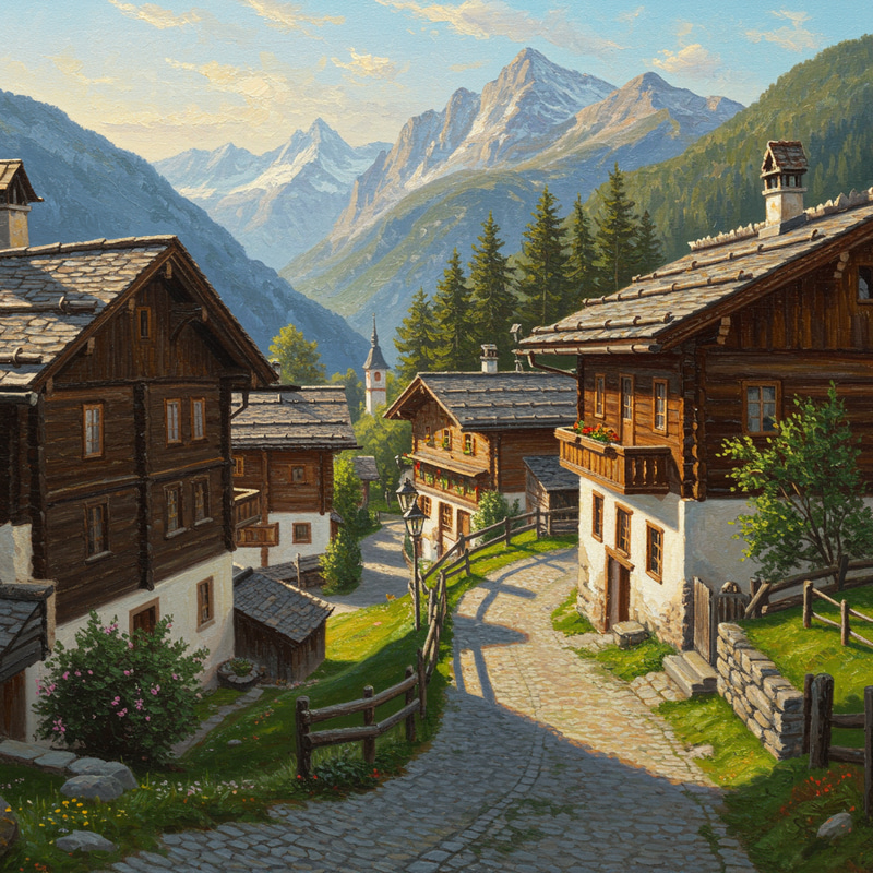 Mountain Village Oil Painting - High Quality Art