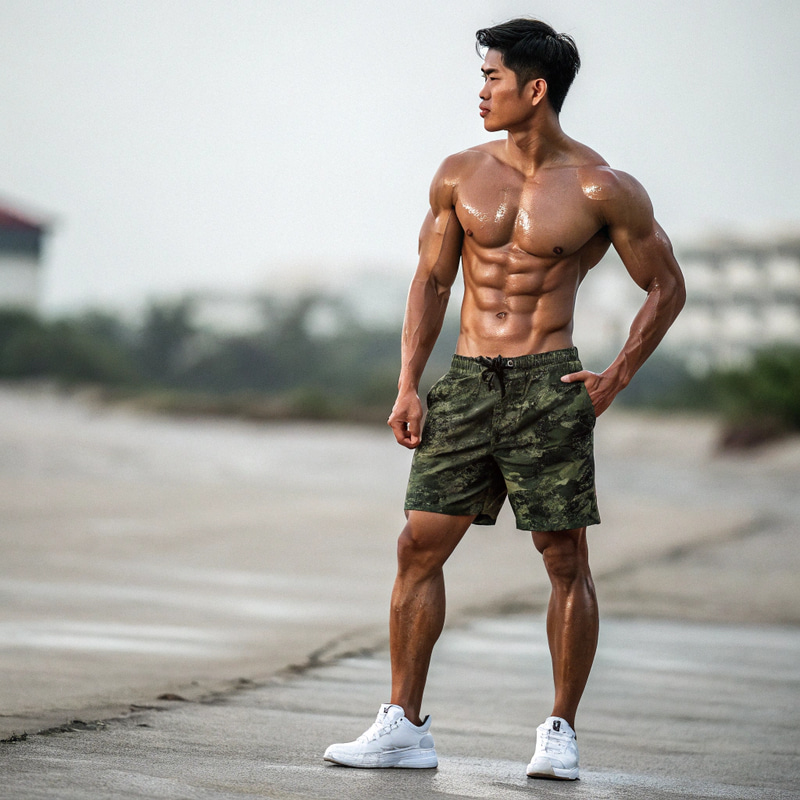 Handsome Taiwanese Muscle Man in Camouflage Shorts Handsome Taiwanese Muscle Man in Camouflage Shorts