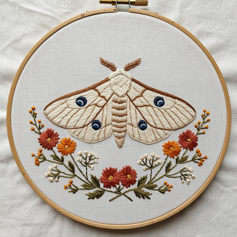Hand-Embroidered Moth Art in Wooden Hoop Hand-Embroidered Moth Art in Wooden Hoop