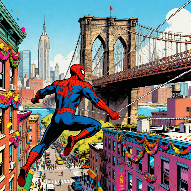 Spiderman Swinging Near Brooklyn Bridge Illustration Spiderman Swinging Near Brooklyn Bridge Illustration
