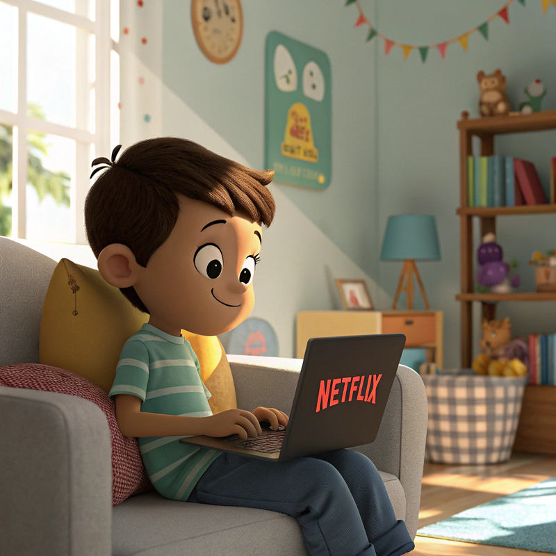 Boy Watching Netflix in 3D Cartoon Style Boy Watching Netflix in 3D Cartoon Style