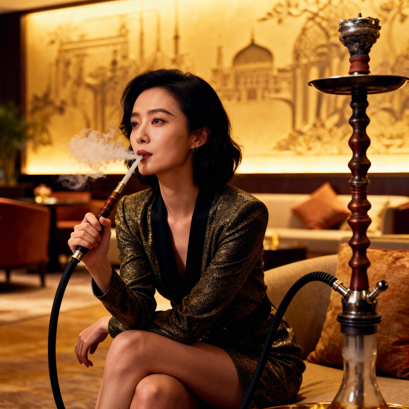Elegant East Asian Model in Cozy Hookah Lounge Elegant East Asian Model in Cozy Hookah Lounge