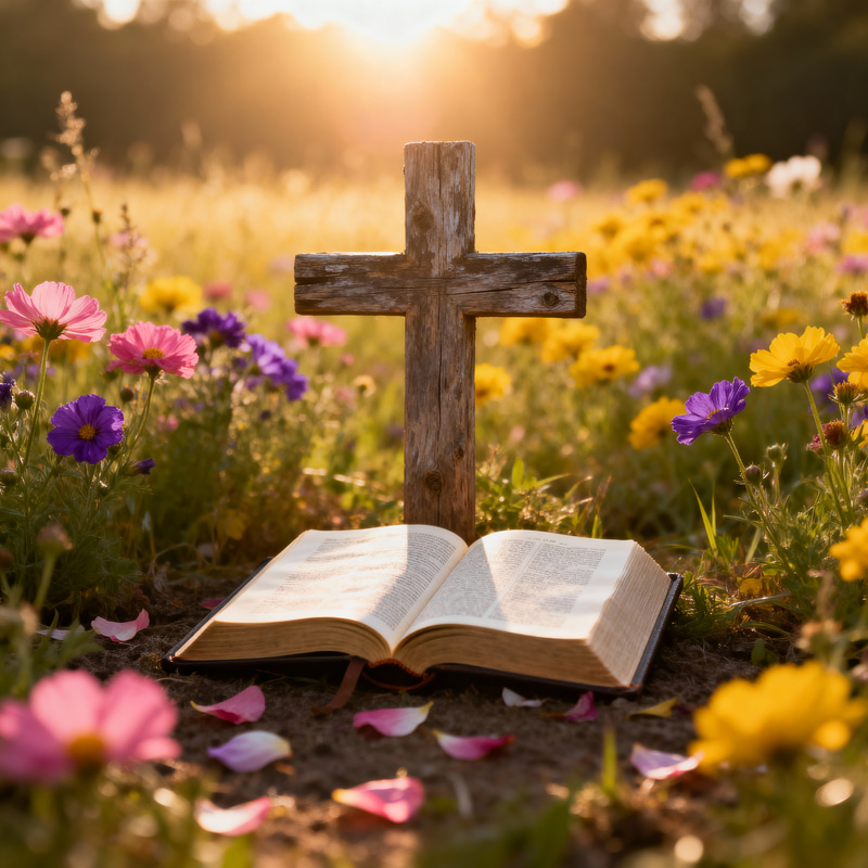Field of Flowers with Bible and Cross