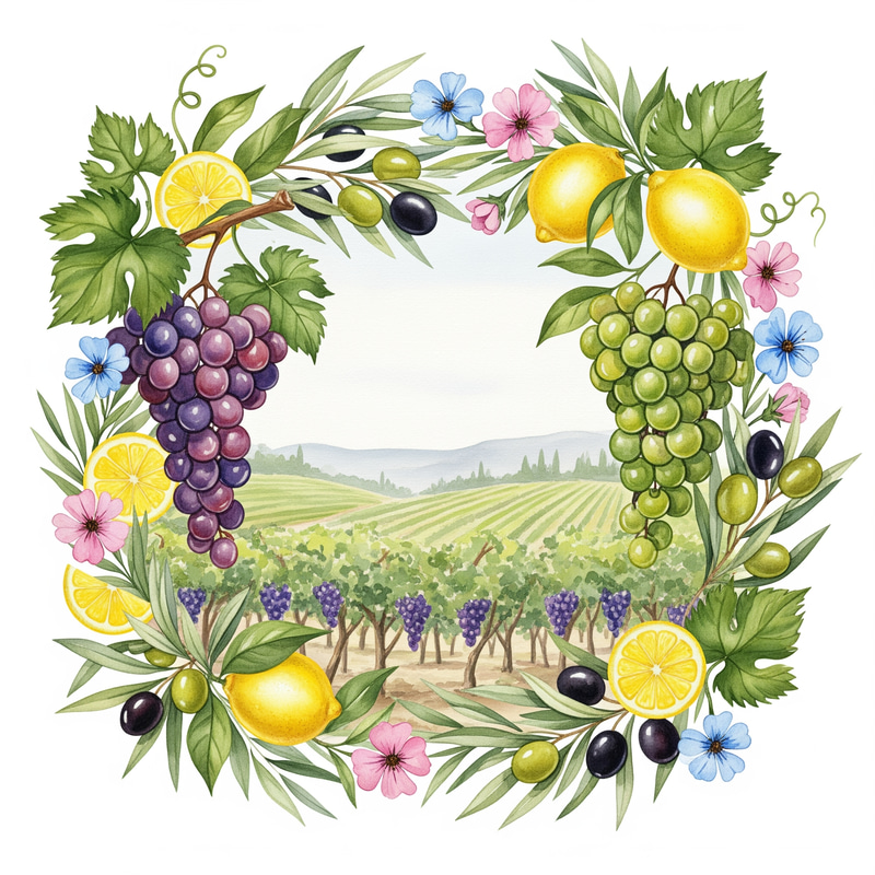 Watercolor Vineyard Border with Lemons and Flowers Watercolor Vineyard Border with Lemons and Flowers