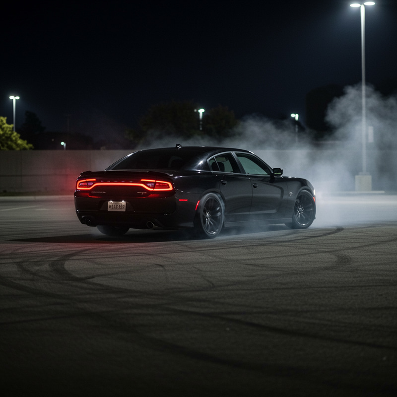 Black Dodge RT Charger Drifting in Parking Lot Black Dodge RT Charger Drifting in Parking Lot