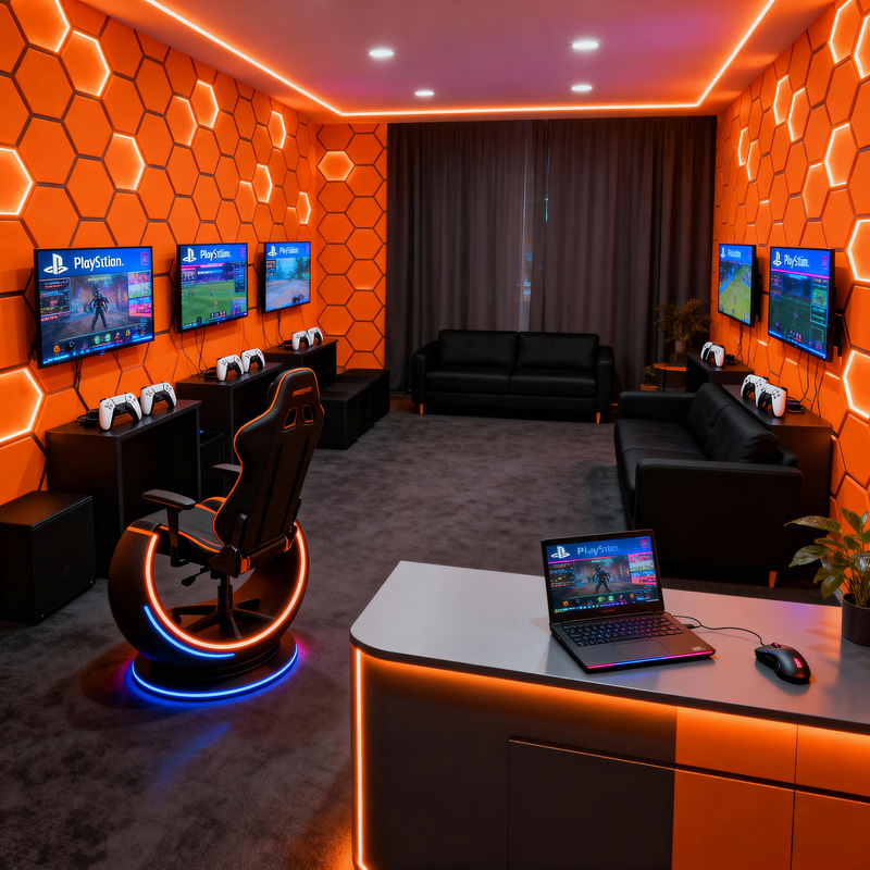 Stylish Gaming Room with LED Screens & Consoles Stylish Gaming Room with LED Screens & Consoles