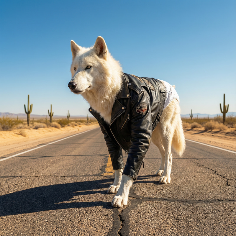 Albino Wolf in Leather Jacket: A Surreal Adventure Albino Wolf in Leather Jacket: A Surreal Adventure