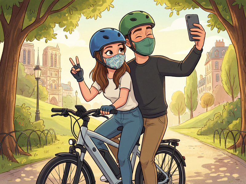 Couple Riding Electric Bike in Disney Animation Style Couple Riding Electric Bike in Disney Animation Style