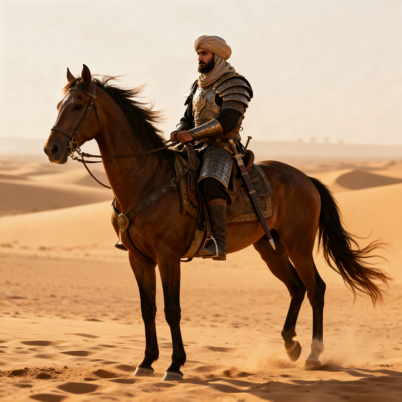 High-Quality Muslim Soldier on Horse in Desert