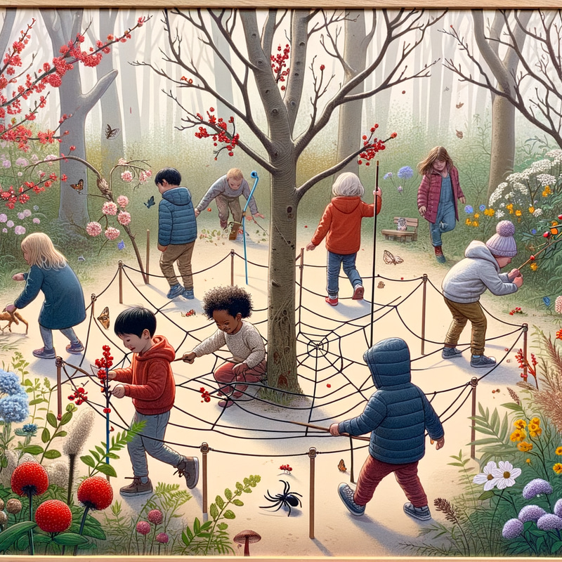 Children Exploring Playful Woodland | Spring Adventure Scene Children Exploring Playful Woodland | Spring Adventure Scene