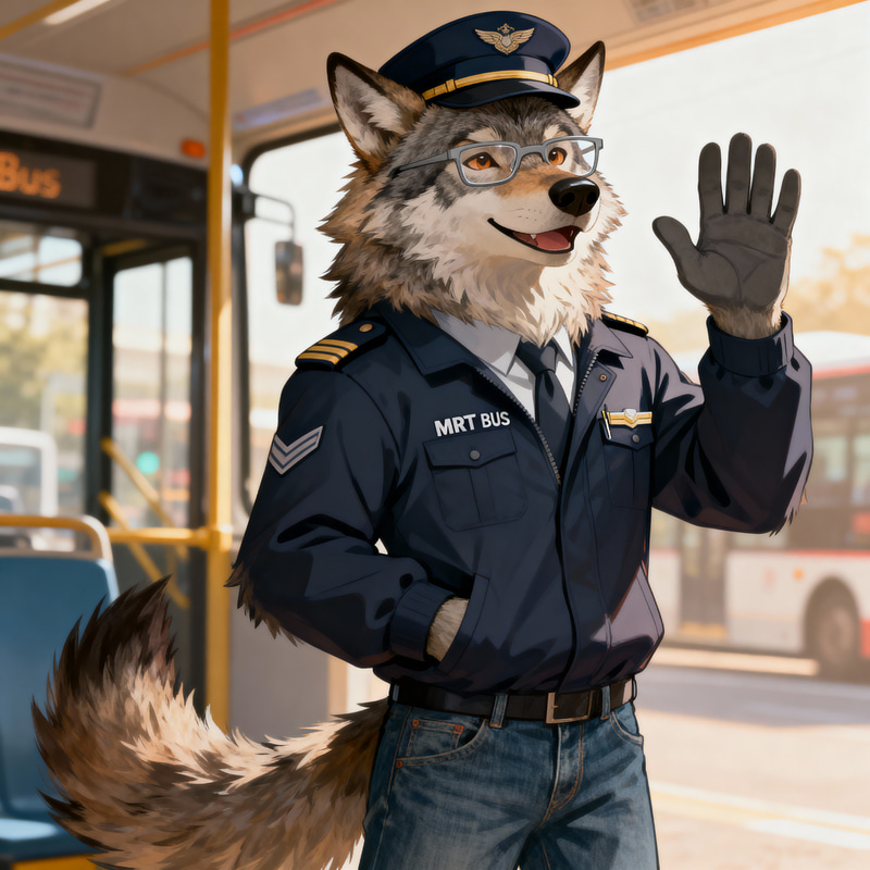 Friendly Fursona: Anthro Wolf in Bus Captain Uniform