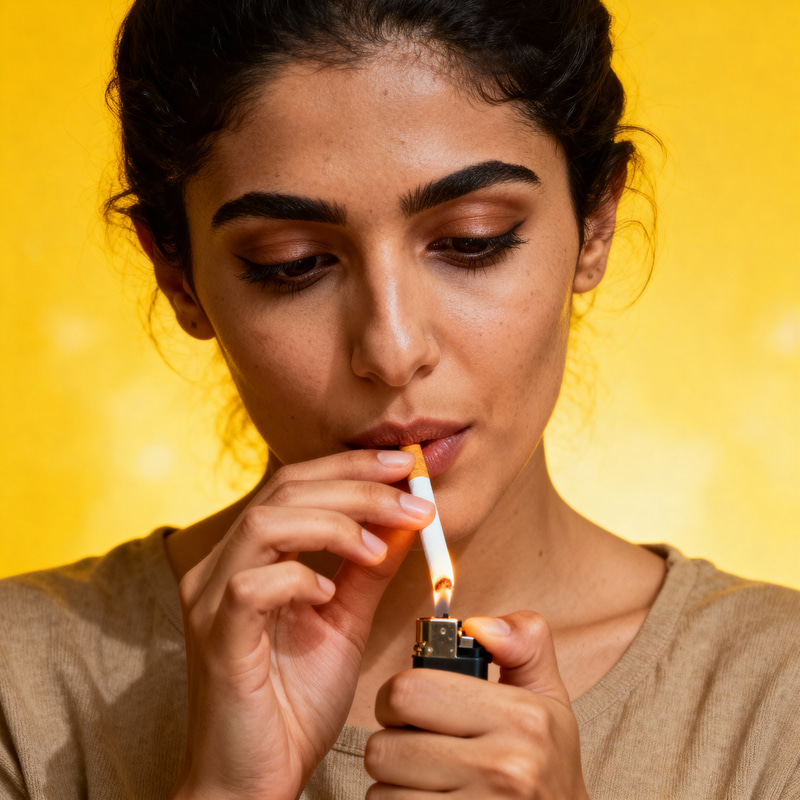 Hyperrealistic Close-Up of a Woman Lighting a Cigarette