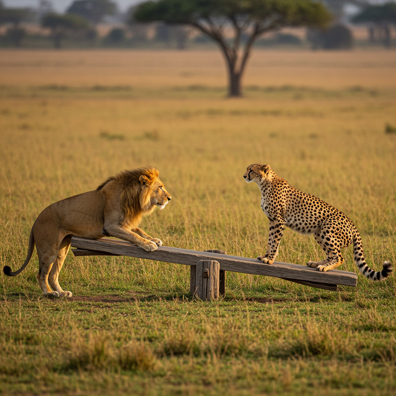 Lion and Cheetah Playing on Seesaw