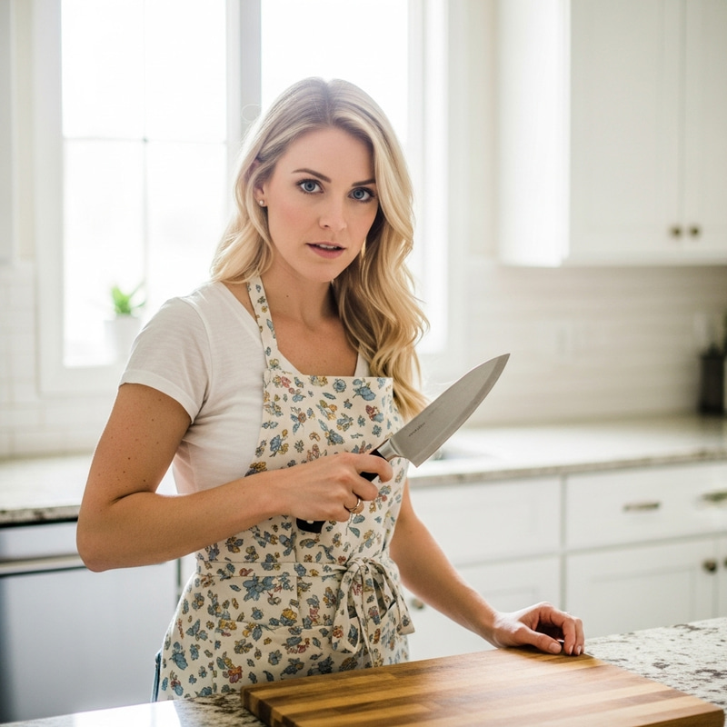 Woman with Blunt Knife in Kitchen Woman with Blunt Knife in Kitchen