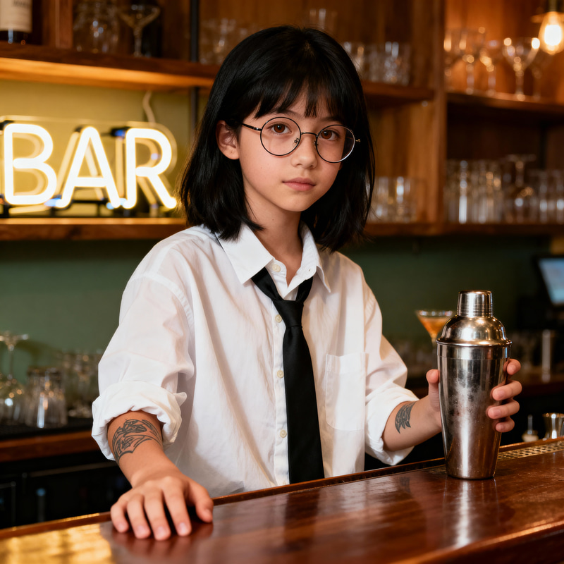 Teenage Bartender: Stylish in Glasses and Tie Teenage Bartender: Stylish in Glasses and Tie
