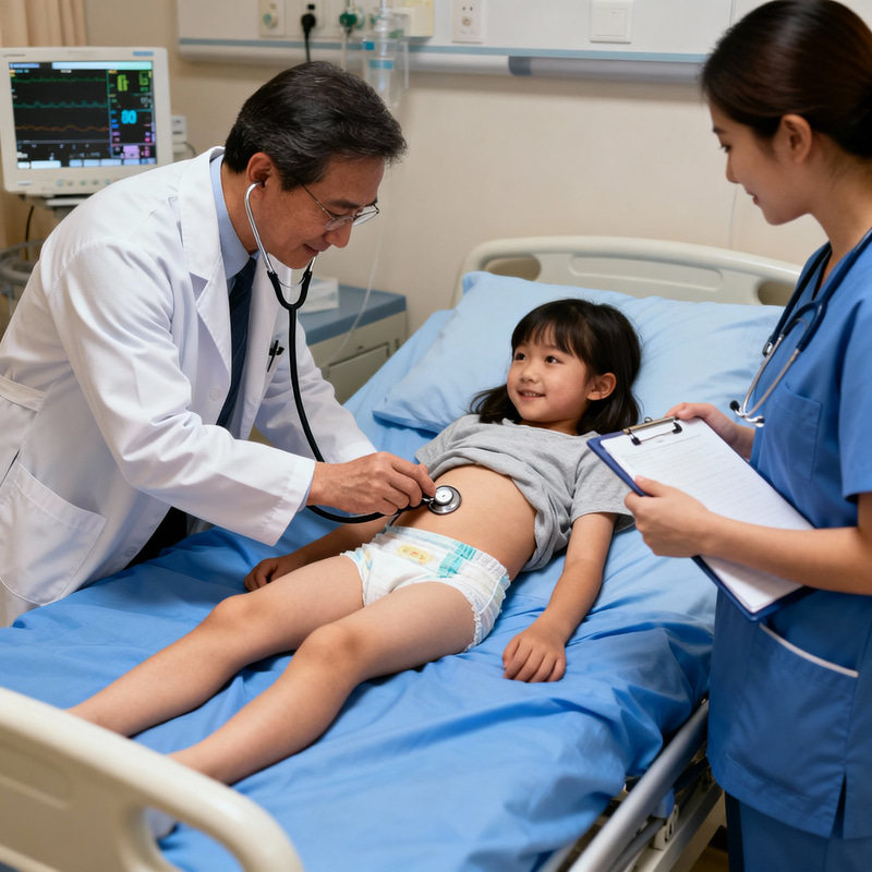 7-Year-Old Girl in Hospital for Abdominal Exam 7-Year-Old Girl in Hospital for Abdominal Exam