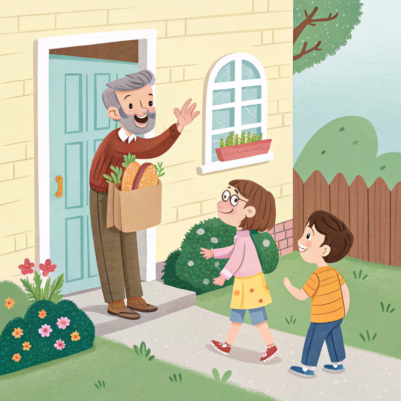 Warm Welcome: Grandpa and Kids with Bread Warm Welcome: Grandpa and Kids with Bread