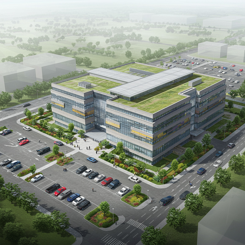 Modern Energy Tech Office Design with Parking & Gardens
