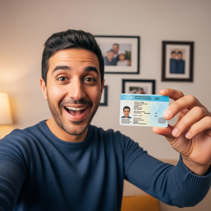 Cheerful Middle-Eastern Man Selfie with ID Card Cheerful Middle-Eastern Man Selfie with ID Card