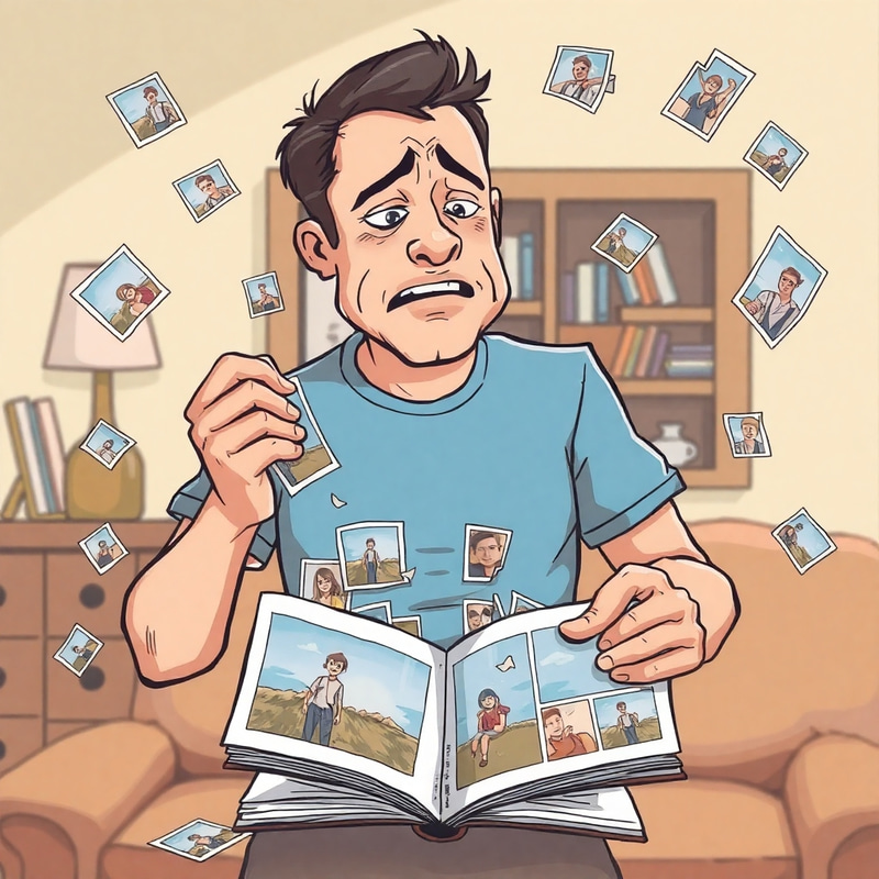 Frustration in Memories: Cartoon of a Man Tearing Photos Frustration in Memories: Cartoon of a Man Tearing Photos