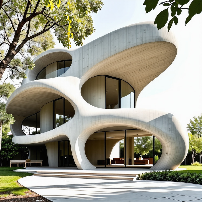 Modern 3D Printed Concrete House with Organic Shapes and Large Windows Modern 3D Printed Concrete House with Organic Shapes and Large Windows