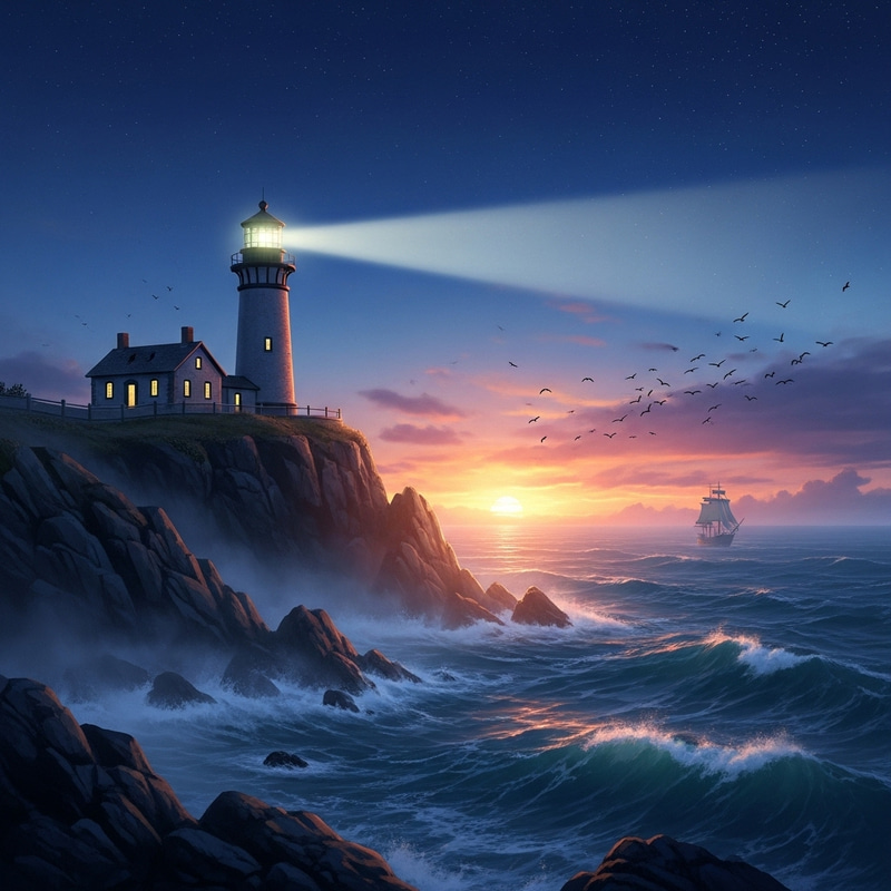 Twilight Lighthouse on Rugged Cliff: A Beacon of Solitude Twilight Lighthouse on Rugged Cliff: A Beacon of Solitude
