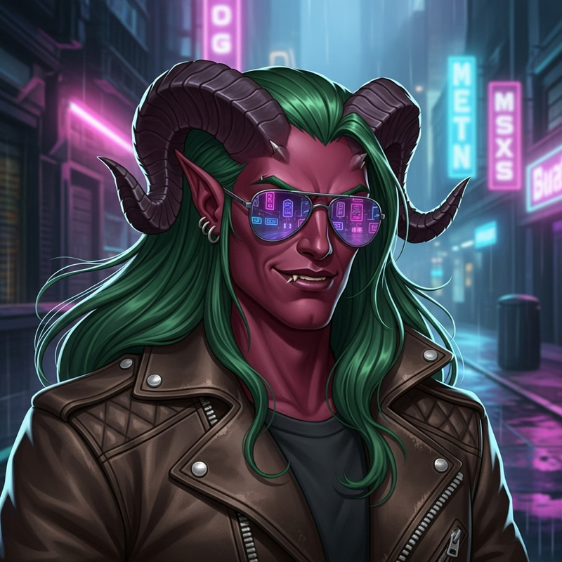Cool Tiefling with Maroon Skin and Green Hair Cool Tiefling with Maroon Skin and Green Hair