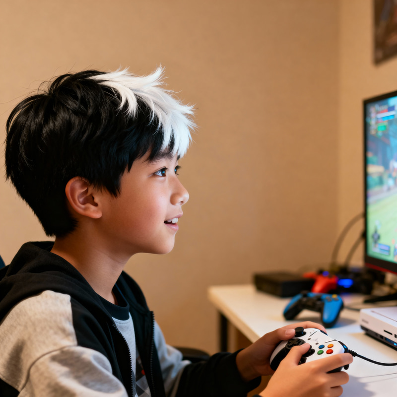Boy Gaming with Black and White Hair