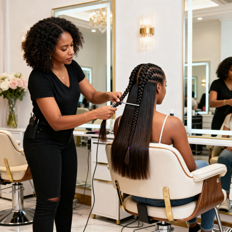 Professional Weft Braid Hair Extensions in a Modern Salon Professional Weft Braid Hair Extensions in a Modern Salon